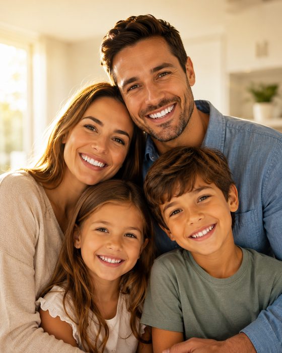 A family of four smiling together at home in warm afternoon light